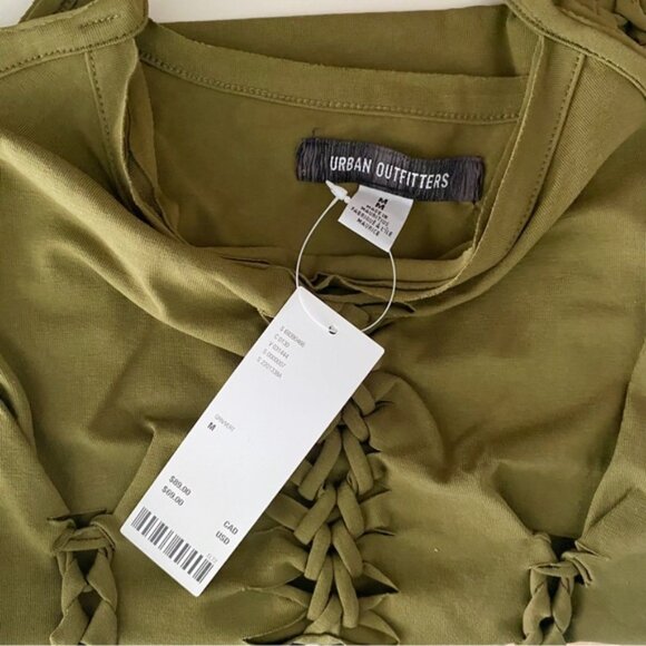 Urban Outfitters UO Slit Cut Out Macrame Mini Dress Olive Army Green New Medium - Picture 13 of 16